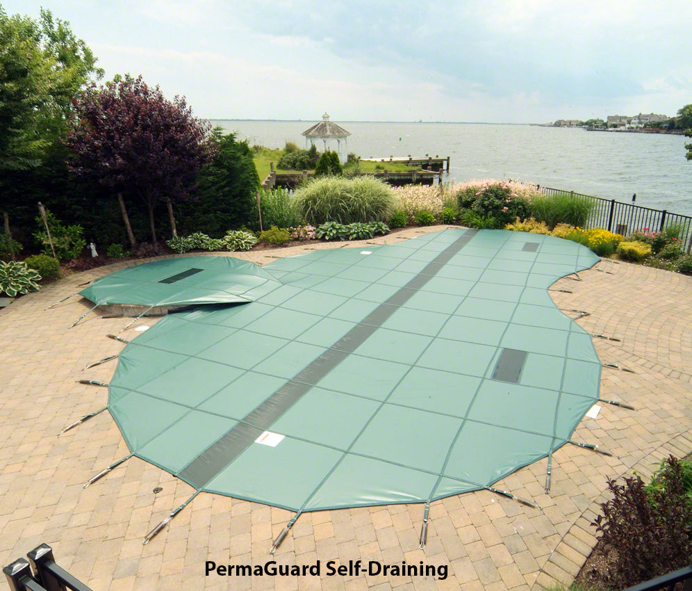 PermaGuard Solid Vinyl Rectangular Safety Pool Cover 16 x 32 Feet, 4 x 7 Center Step With Drain