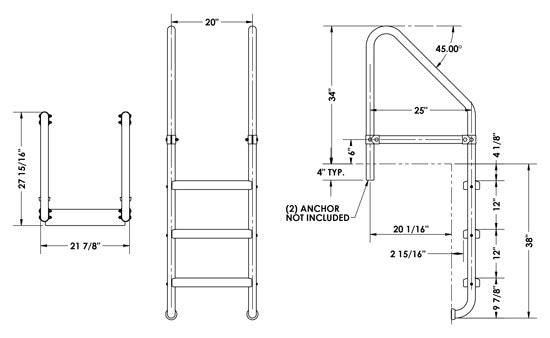 3-Step 25 Inch Wide Cross-Braced Heavy-Duty Ladder 1.90 OD x .109 Inch