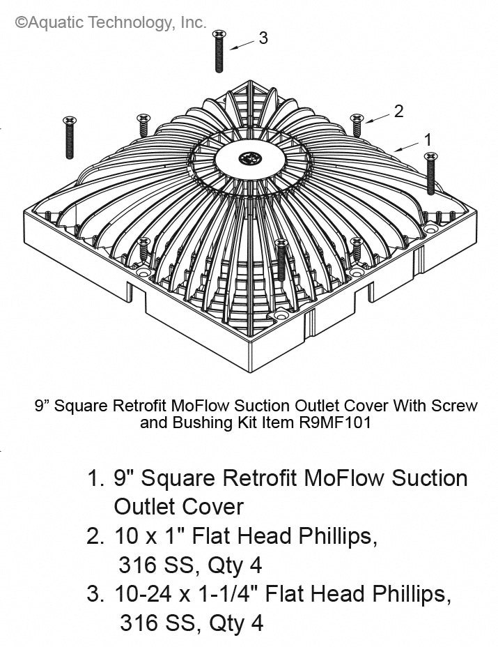 AquaStar 9 Inch Square Retrofit MoFlow Main Drain Parts