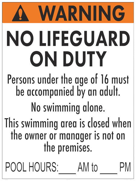 New Jersey No Lifeguard Warning Sign With Pool Hours - 36 x 48 Inches on White Styrene (Customize or Leave Blank)