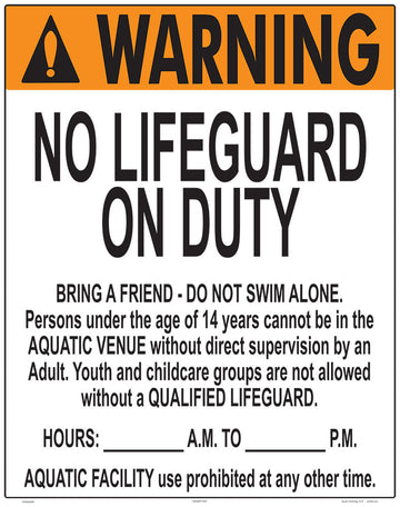 Oregon No Lifeguard Warning Sign - 24 x 30 Inches on Styrene Plastic (Customize or Leave Blank)