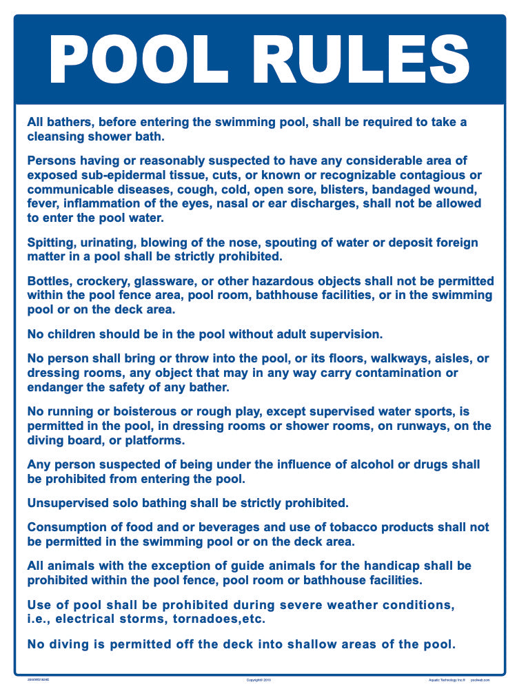 Pool Rules Sign - 18 x 24 Inches on Styrene Plastic
