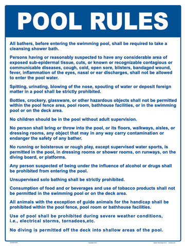 Pool Rules Sign - 18 x 24 Inches on Styrene Plastic
