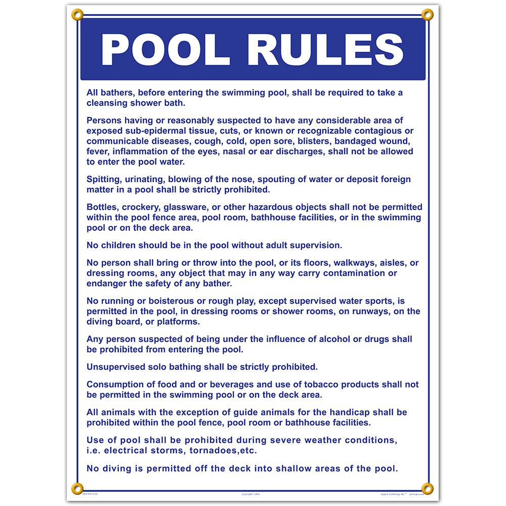 Pool Rules Sign - 18 x 24 Inches on Styrene Plastic