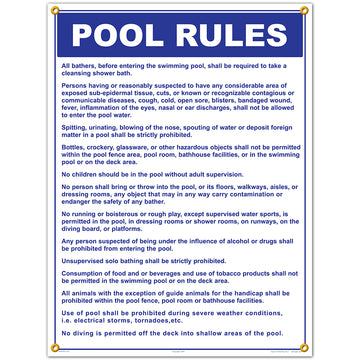 Pool Rules Sign - 18 x 24 Inches on Styrene Plastic