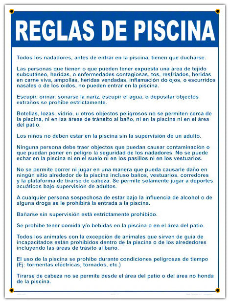 Pool Rules Generic Spanish Sign - 18x24 Inch - Styrene Plastic