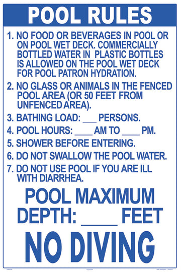 Florida Pool Rules for No Diving Pools Sign - 24 x 36 Inches on Styrene Plastic (Customize or Leave Blank)