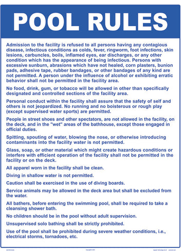 Kentucky Pool Rules Sign - 18 x 24 Inches on Styrene Plastic