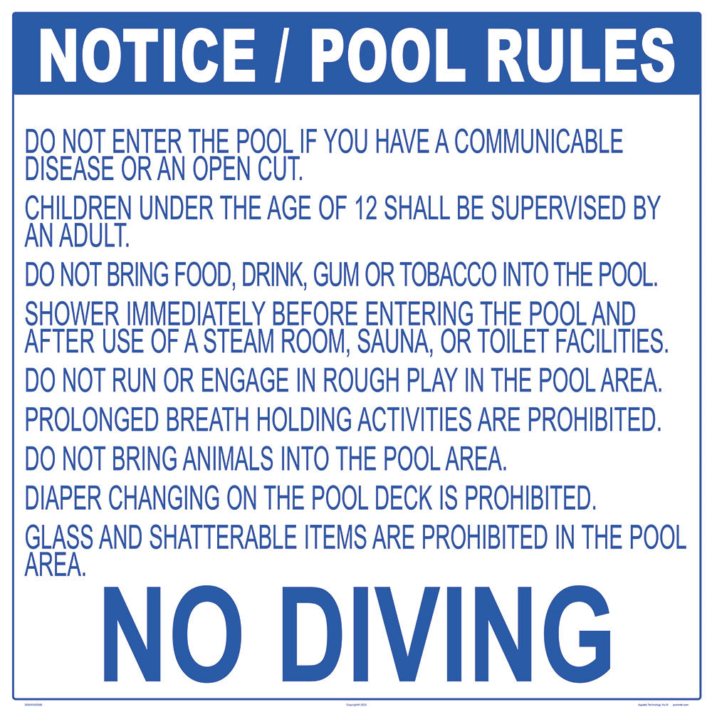 Wisconsin Pool Rules No Diving Pool Sign - 30 x 30 Inches on Styrene Plastic