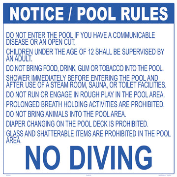 Wisconsin Pool Rules No Diving Pool Sign - 30 x 30 Inches on Heavy-Duty Aluminum