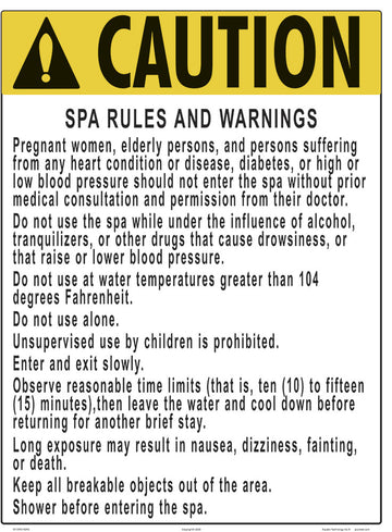 Kentucky and Vermont Spa Warnings and Regulations Sign - 18 x 24 Inches on Styrene Plastic