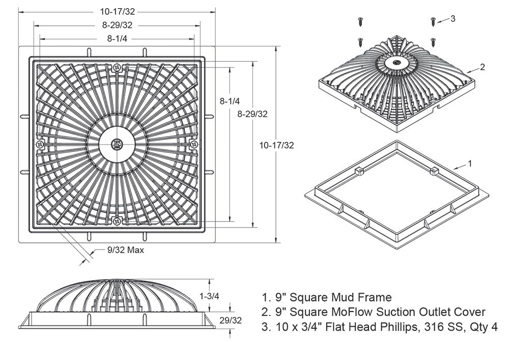 AquaStar 9 Inch Square MoFlow Suction Outlet Cover and Mud Frame - 9MF101