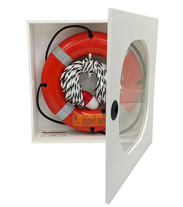 Safety Station Cabinet Equipped With 30 Inch USCG Life Ring Buoy and Throw Line - Orange