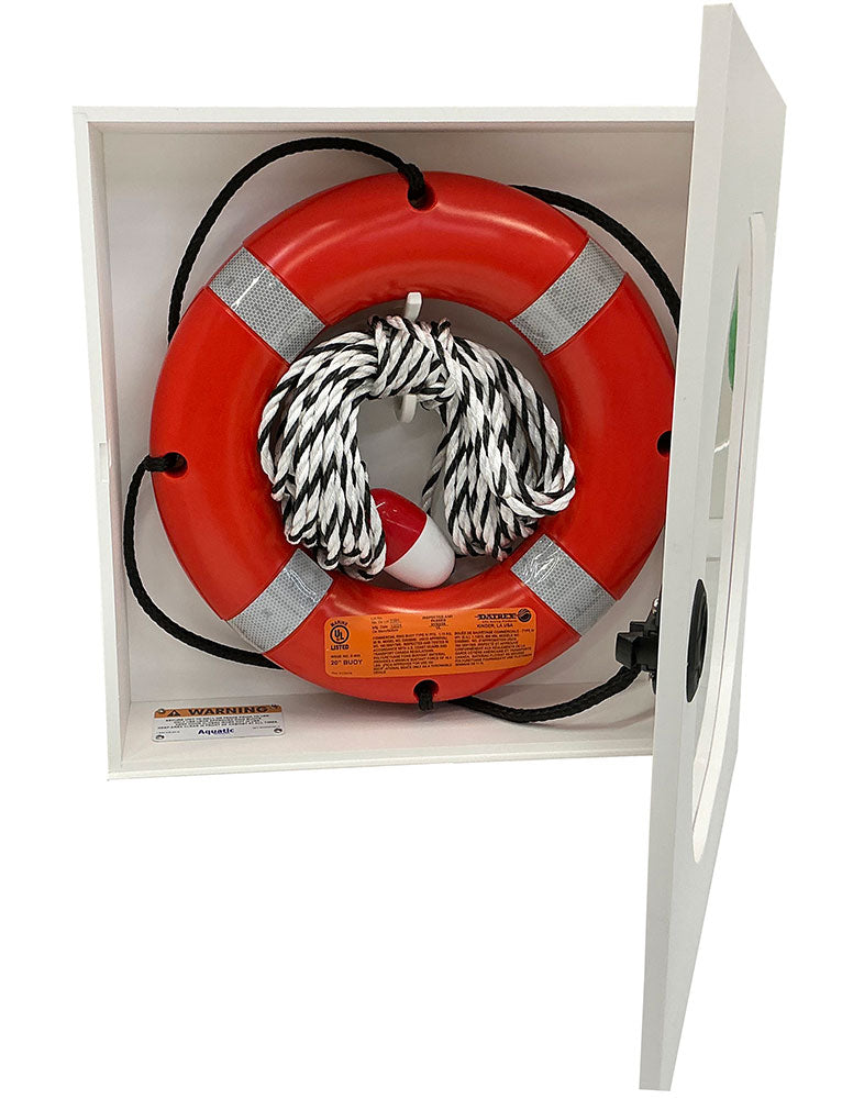 Safety Station Cabinet Equipped With 20 Inch USCG Life Ring Buoy and Throw Line - Orange