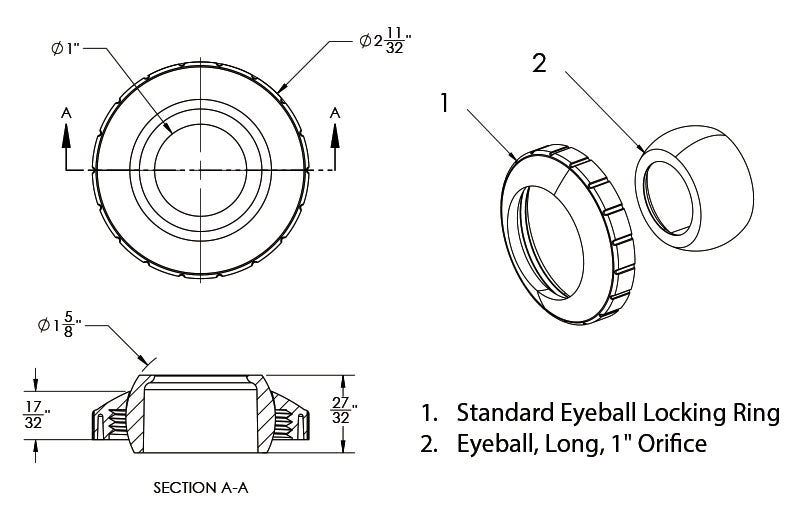Long Eyeball and Locking Ring - 1-1/2 Inch FPT With 1 Inch Orifice - White