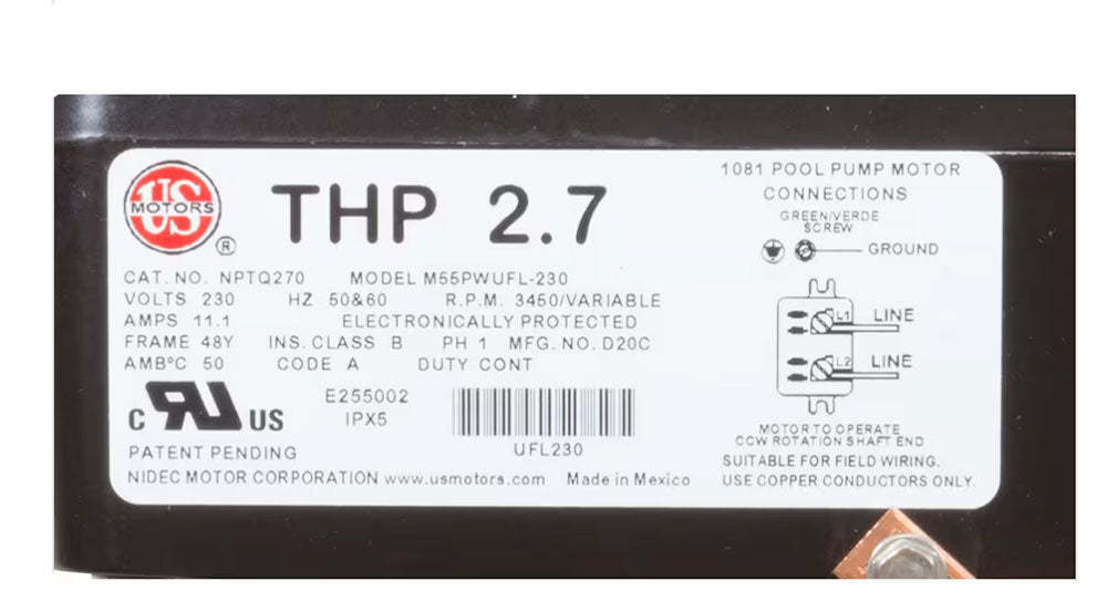 2.7 THP Neptune Variable Speed Pump Motor 56J - 230 Volts