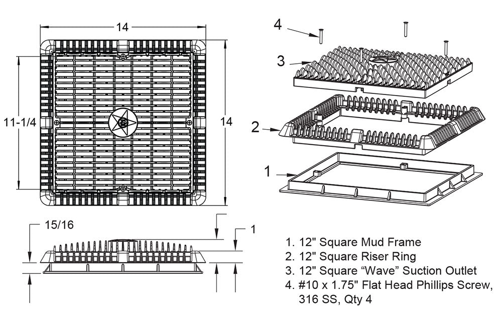12 Inch Square Wave Anti-Entrapment Suction Outlet Cover With Vented Riser Ring and Mud Frame