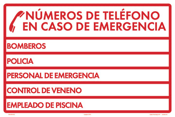Emergency Phone Numbers Sign in Spanish - 18 x 12 Inches on Heavy-Duty Aluminum