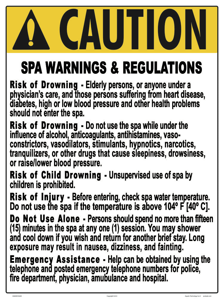 New York Spa Warnings and Regulations Sign - 18 x 24 Inches on Styrene Plastic
