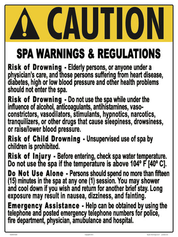 New York Spa Warnings and Regulations Sign - 18 x 24 Inches on Styrene Plastic
