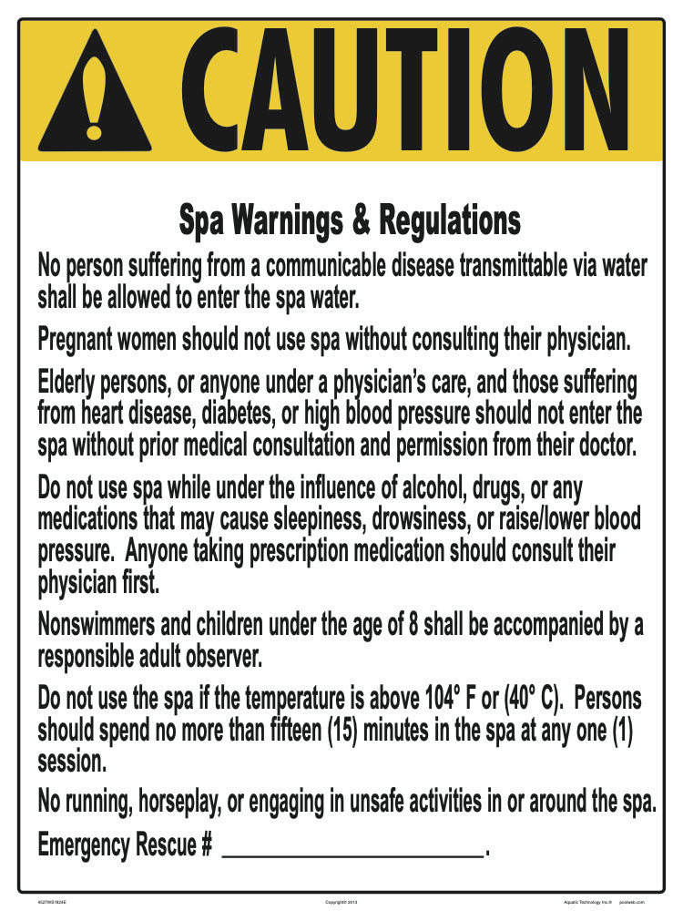 Wyoming Spa Warnings and Regulations Caution Sign - 18 x 24 Inches on Heavy-Duty Aluminum