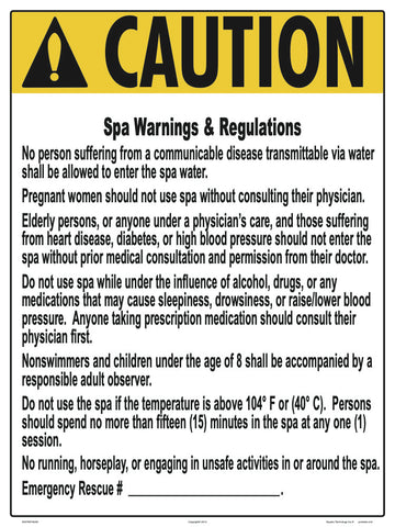 Wyoming Spa Warnings and Regulations Caution Sign - 18 x 24 Inches on Heavy-Duty Aluminum