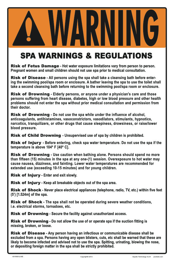 Hawaii Spa Warnings and Regulations Sign - 12 x 18 Inches on Heavy-Duty Aluminum
