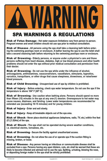 Hawaii Spa Warnings and Regulations Sign - 12 x 18 Inches on Heavy-Duty Aluminum