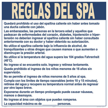 Nebraska Spa Regulations Sign in Spanish - 30 x 30 Inches on Styrene Plastic (Customize or Leave Blank)