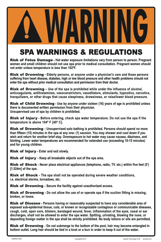 Delaware Spa Warnings and Regulations Sign - 12 x 18 Inches on Styrene Plastic