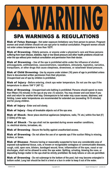 Delaware Spa Warnings and Regulations Sign - 12 x 18 Inches on Styrene Plastic