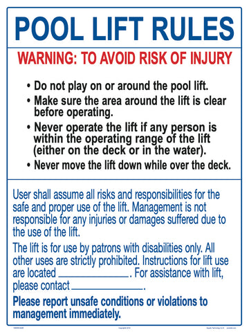Rules for Pool Lift Sign - 18 x 24 Inches on Heavy-Duty Aluminum (Customize or Leave Blank)