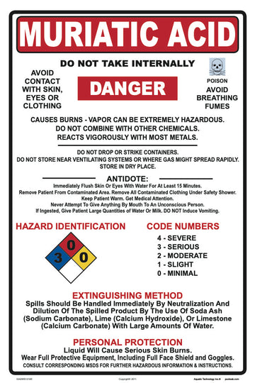 Muriatic Acid Danger Instruction Sign - 12 x 18 Inches on Adhesive Vinyl
