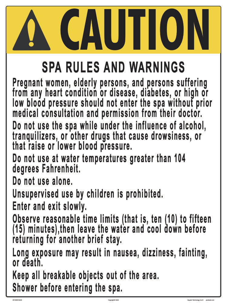 Kentucky and Vermont Spa Warnings and Regulations Sign - 18 x 24 Inches on Styrene Plastic