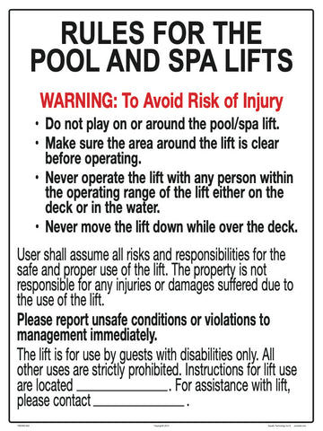 Rules for Pool and Spa Lift - 18 x 24 Inches on Heavy-Duty Aluminum (Customize or Leave Blank)