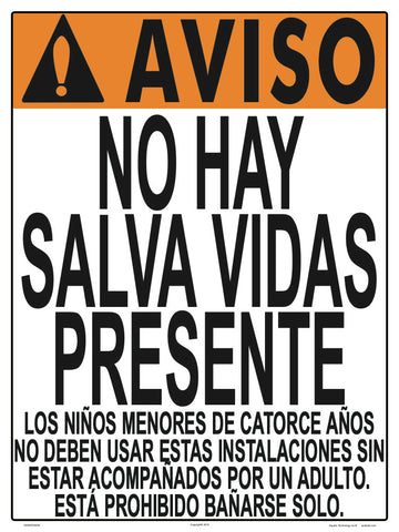 Nevada No Lifeguard Warning Sign in Spanish (14 Years and Under) - 18 x 24 Inches on Styrene Plastic