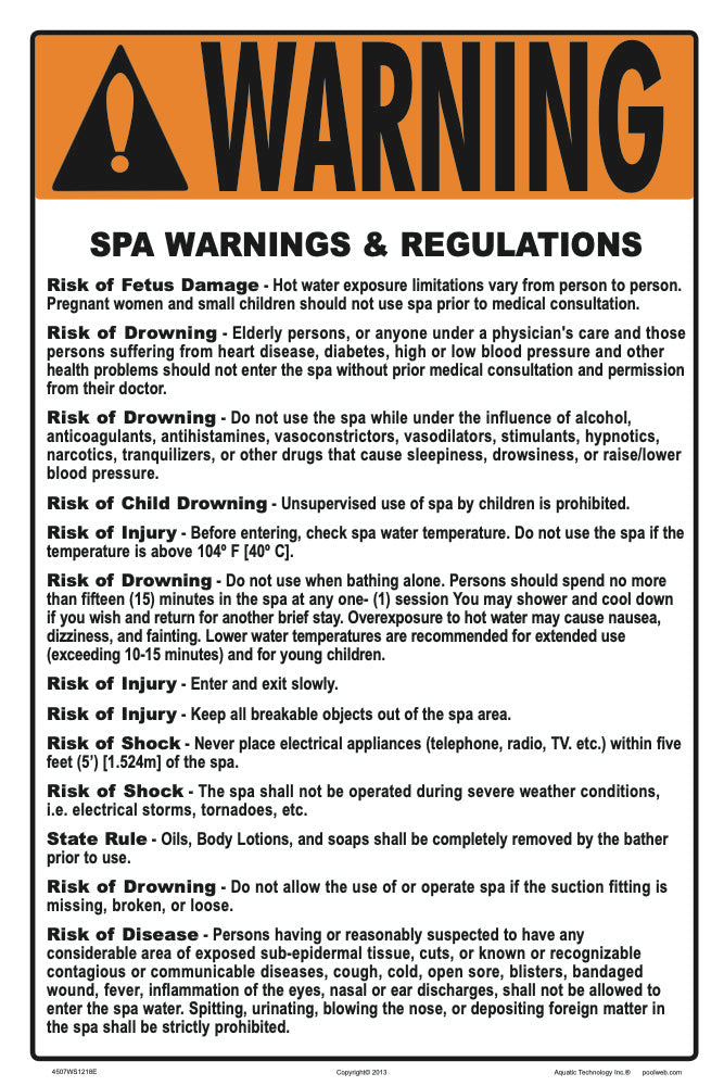 Connecticut and Ohio Spa Warnings and Regulations Sign - 12 x 18 Inches on Styrene Plastic
