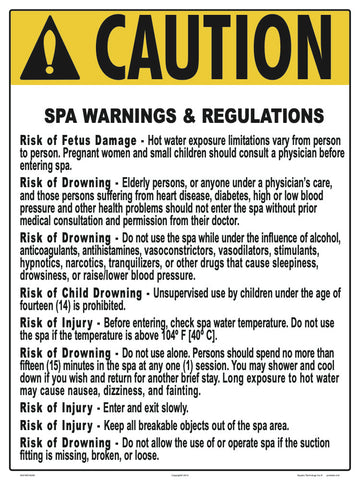 Virginia Spa Warnings and Regulations Sign - 18 x 24 Inches on Styrene Plastic