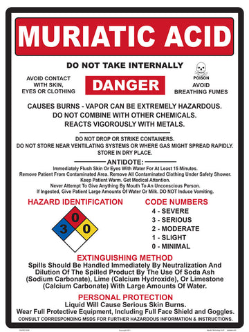 Muriatic Acid Danger Instruction Sign - 18 x 24 Inches on Styrene Plastic