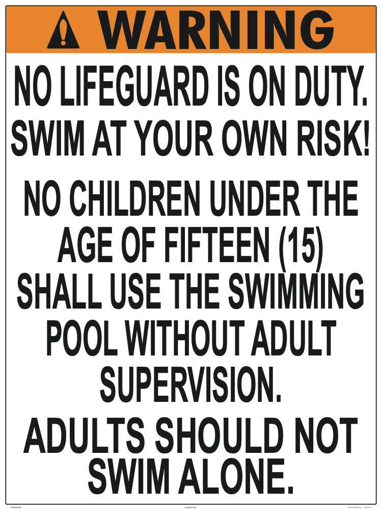 District of Columbia No Lifeguard Warning Sign (15 Years and Under) - 36 x 48 Inches on Heavy-Duty Dibond Aluminum