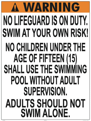 District of Columbia No Lifeguard Warning Sign (15 Years and Under) - 36 x 48 Inches on Heavy-Duty Dibond Aluminum