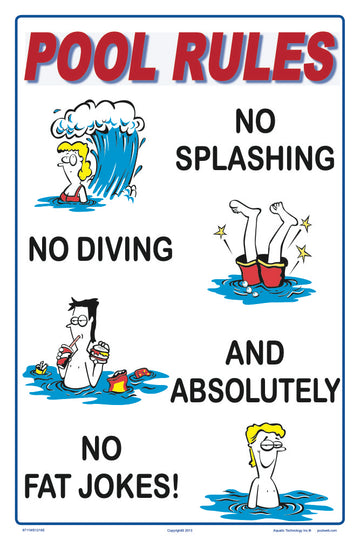 Pool Rules Humor Sign (No Fat Jokes) - 12 x 18 Inches on Styrene Plastic