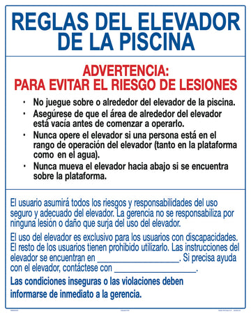 Rules for Pool Lift Sign in Spanish - 24 x 30 Inches on Styrene Plastic (Customize or Leave Blank)