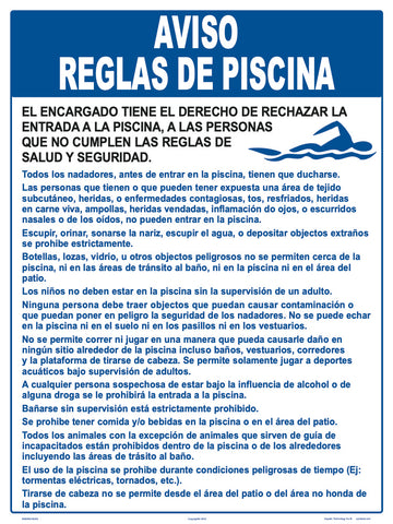 Pool Rules Style C Sign in Spanish - 18 x 24 Inches on Styrene Plastic