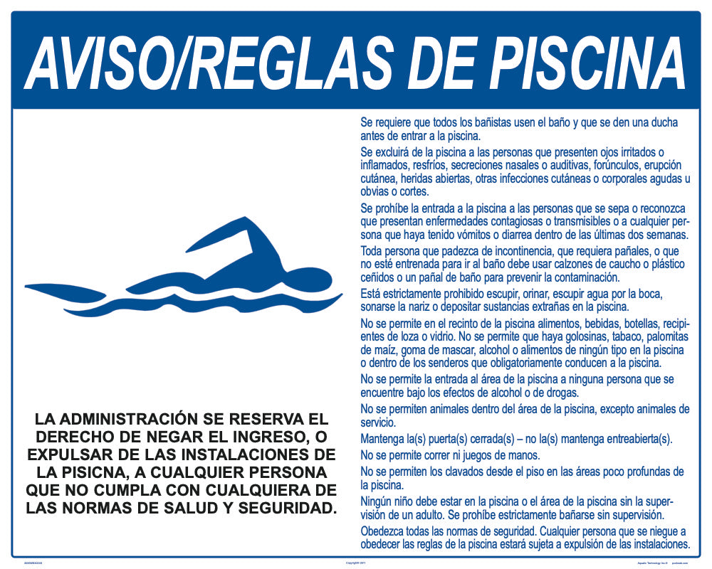 Arizona Pool Rules With Graphic Sign in Spanish - 30 x 24 Inches on Styrene Plastic