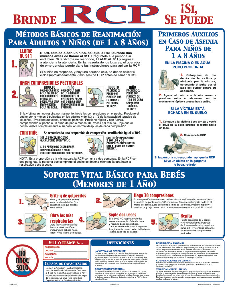CPR Instruction Sign in Spanish With 1/4 Inch Lettering - 24 x 30 Inches on Styrene Plastic