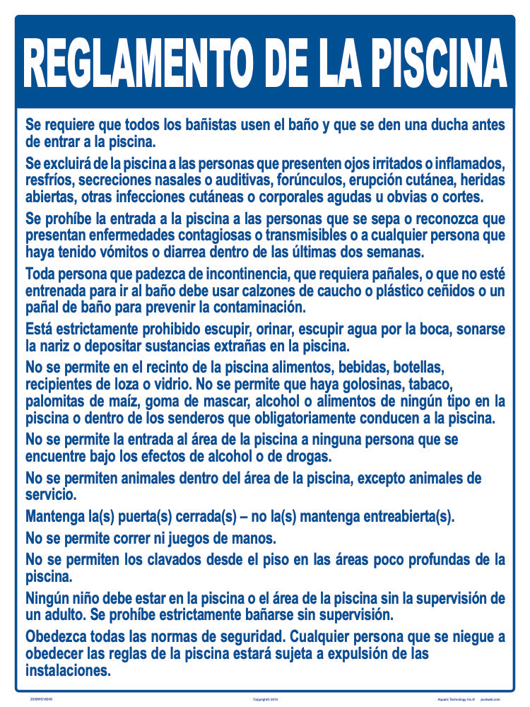 Arizona Pool Rules Sign in Spanish - 18 x 24 Inches on Styrene Plastic
