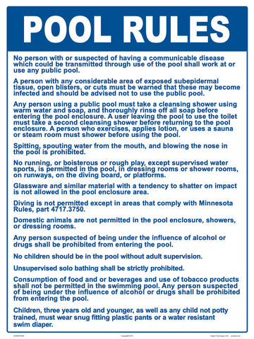 Minnesota Pool Rules Sign - 18 x 24 Inches on Styrene Plastic