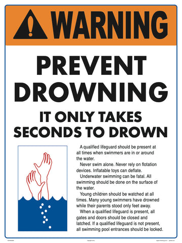 Prevent Drowning Instructional Warning Sign - 18 x 24 Inches on Heavy-Duty Aluminum