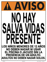 Iowa/Washington No Lifeguard Warning Sign in Spanish (12 Years and Under) - 18 x 24 Inches on Styrene Plastic